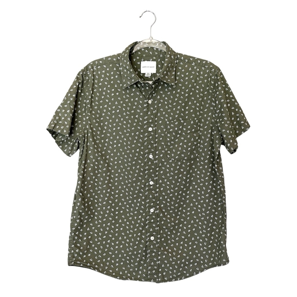 AE Mens M Button Down Short Sleeve Shirt Army Green Ditsy Print Floral Boho